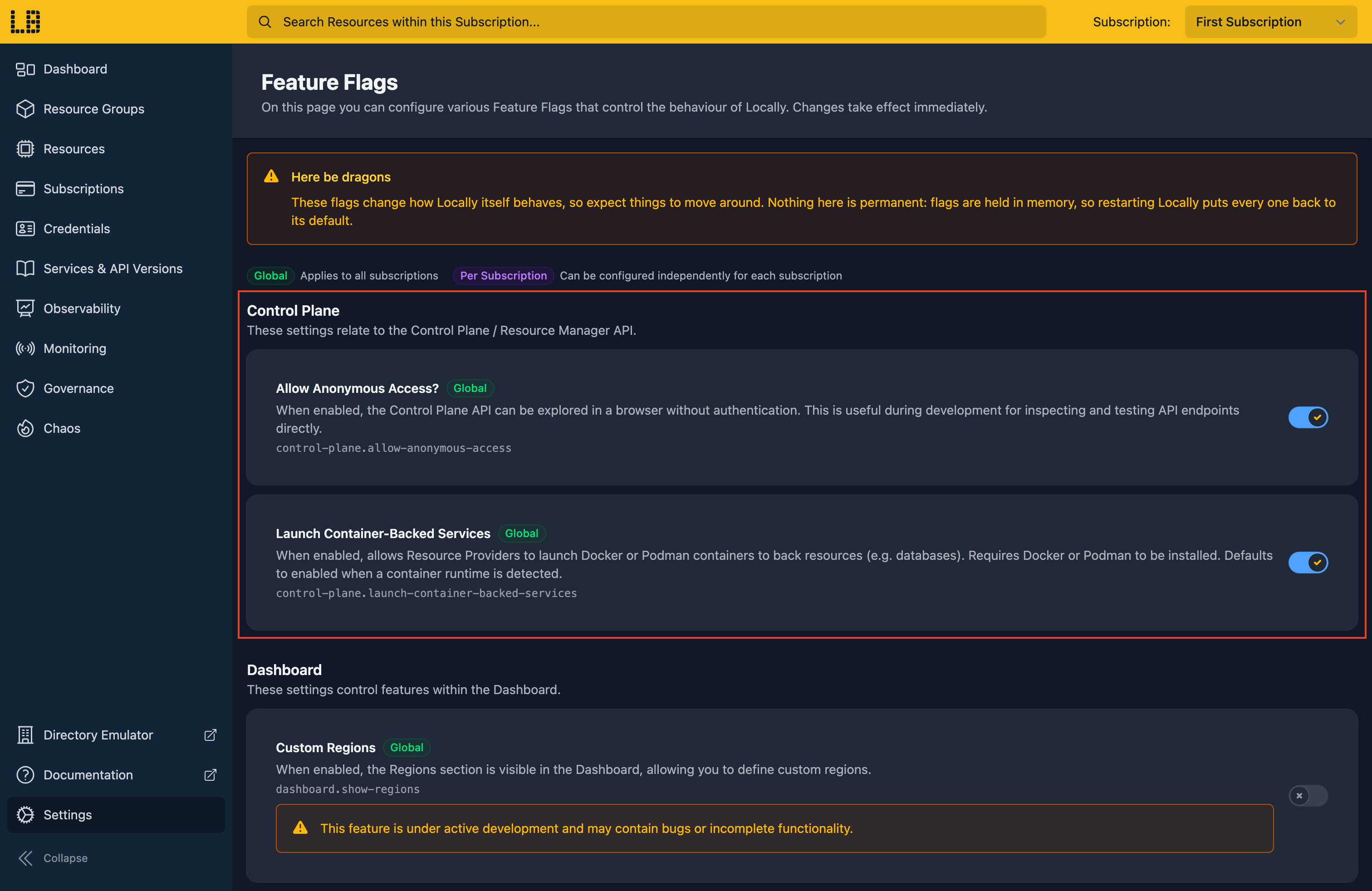 Screenshot of the Settings section of the Locally Dashboard