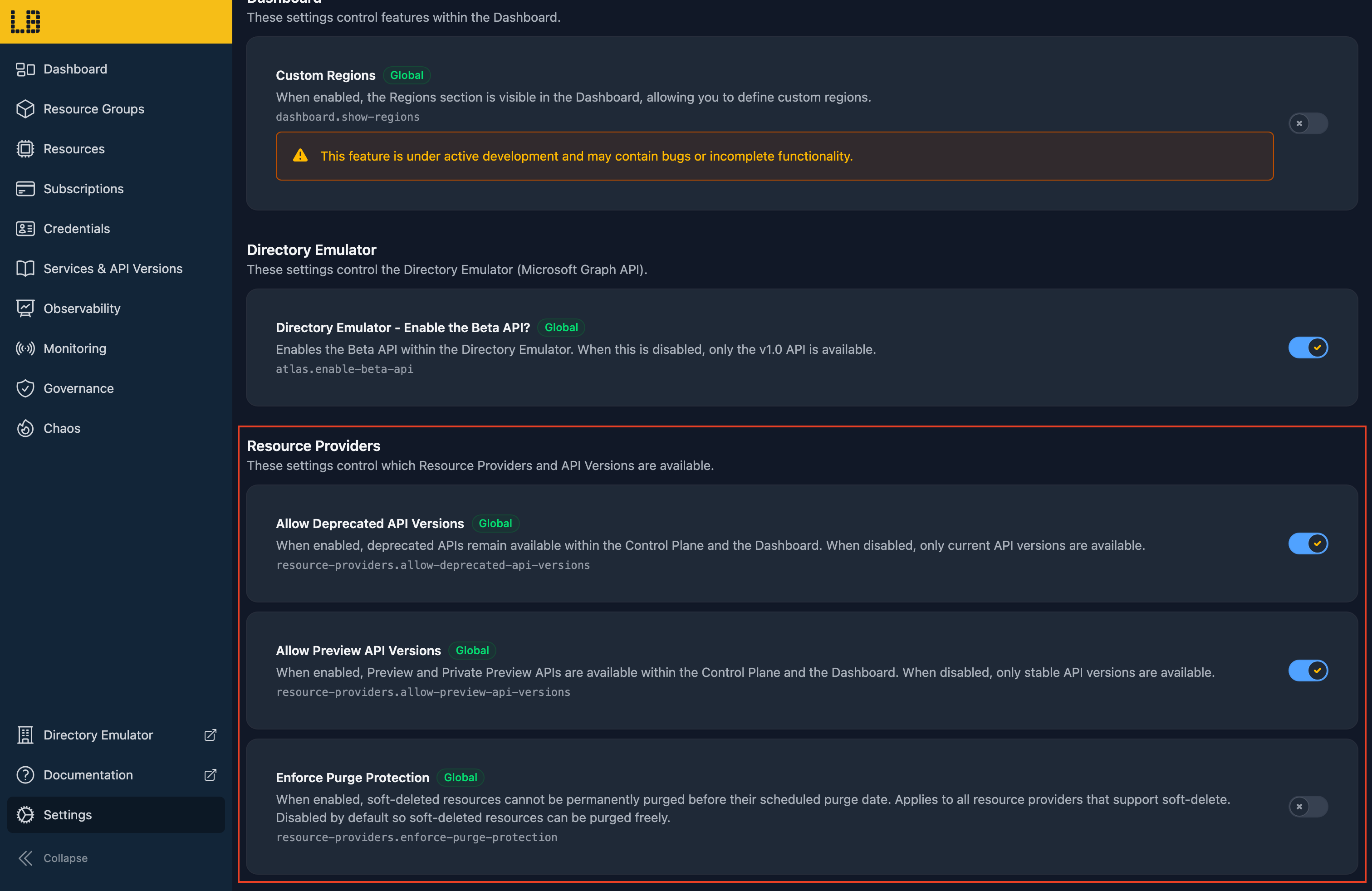 Screenshot of the Feature Flags section of the Locally Dashboard Settings, showing toggles for Preview and Deprecated API versions