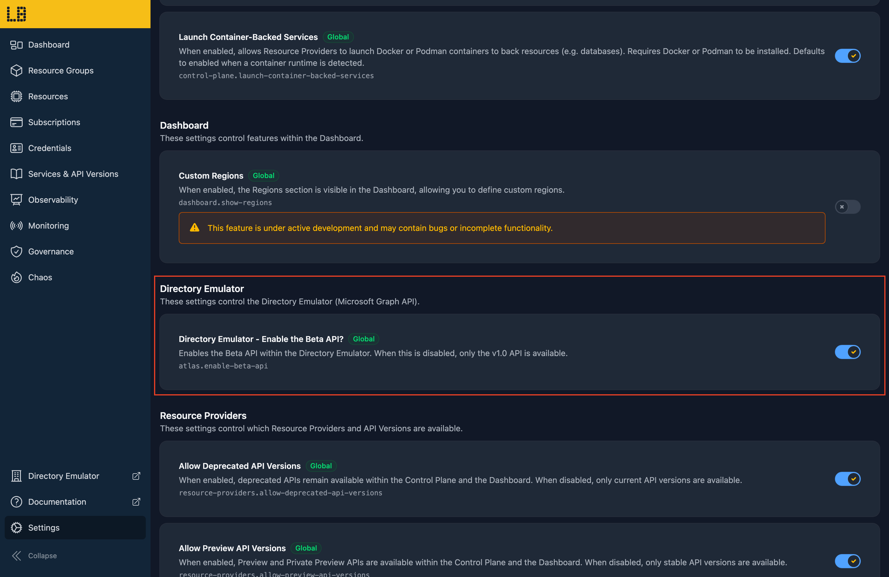 Screenshot of the Feature Flags section of the Locally Dashboard Settings, showing the toggle for the Directory Emulator's Beta API