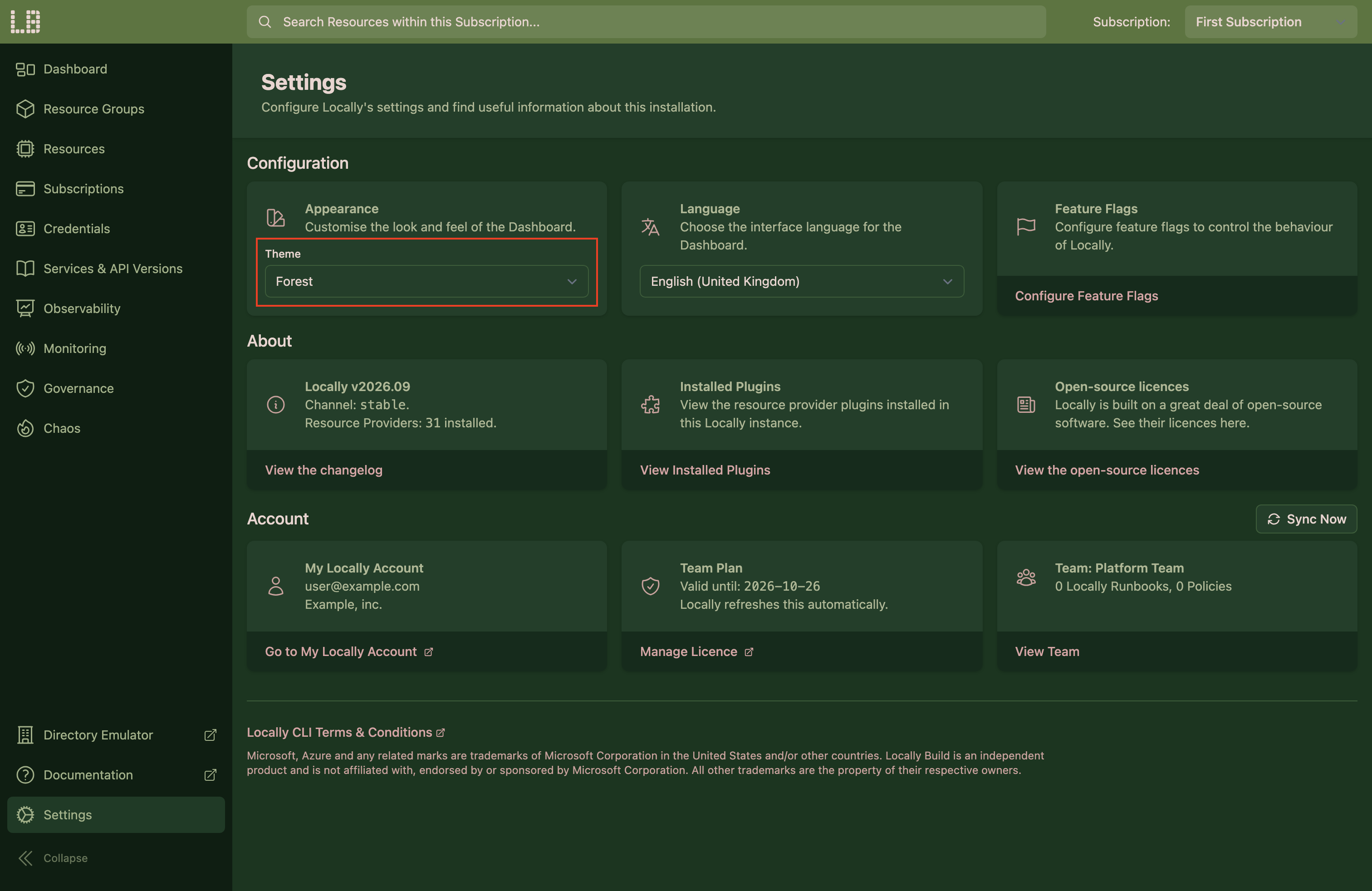 Screenshot of the Settings screen within the Locally Dashboard, in the Forest theme