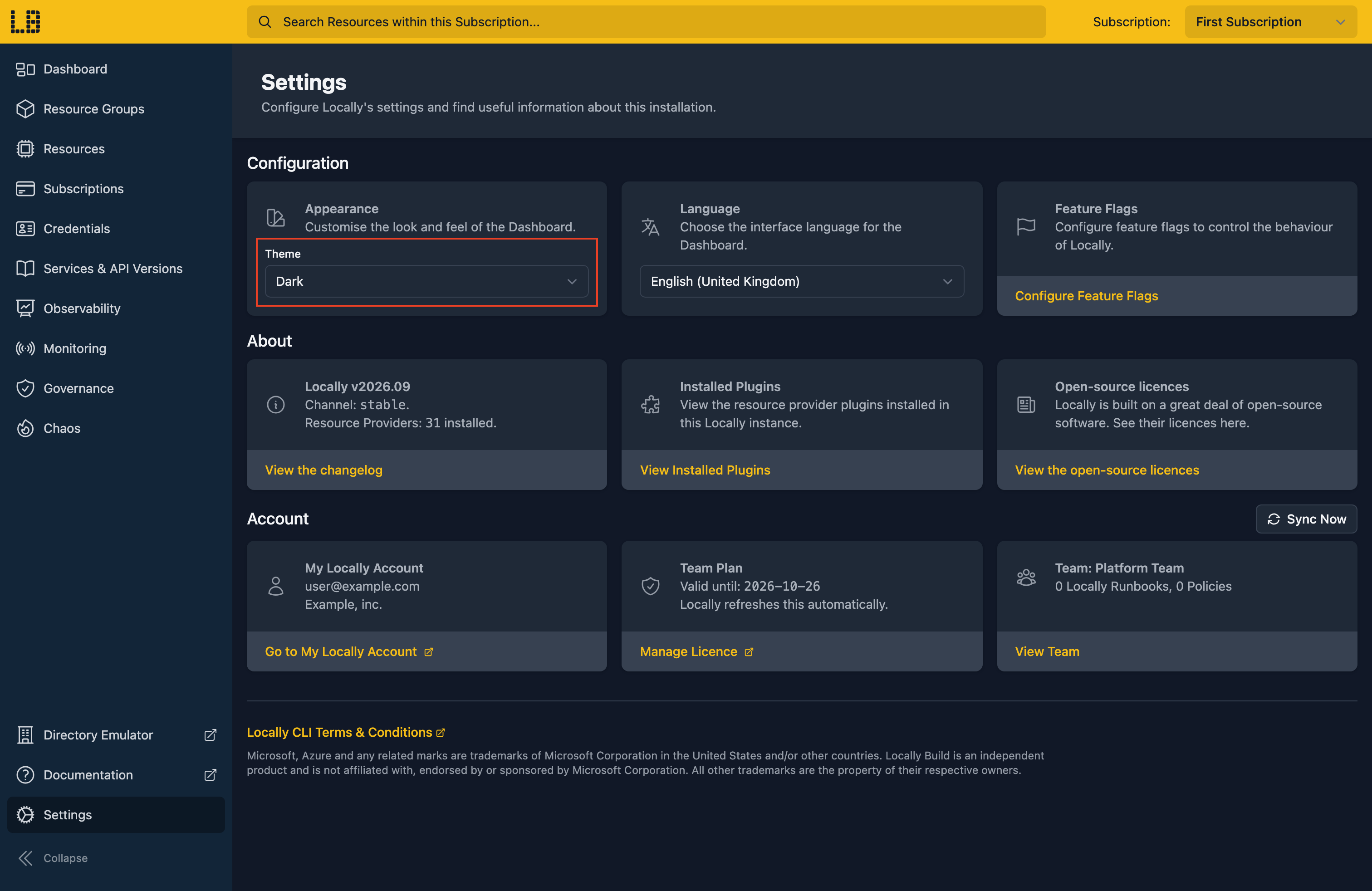 Screenshot of the Settings screen within the Locally Dashboard
