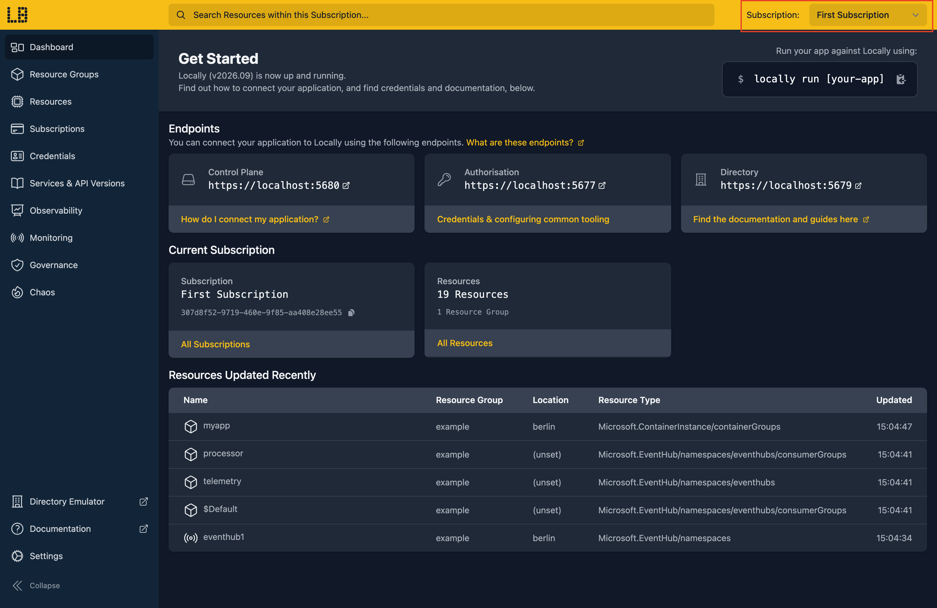 Locally Dashboard subscription selector showing multiple subscriptions in your local environment