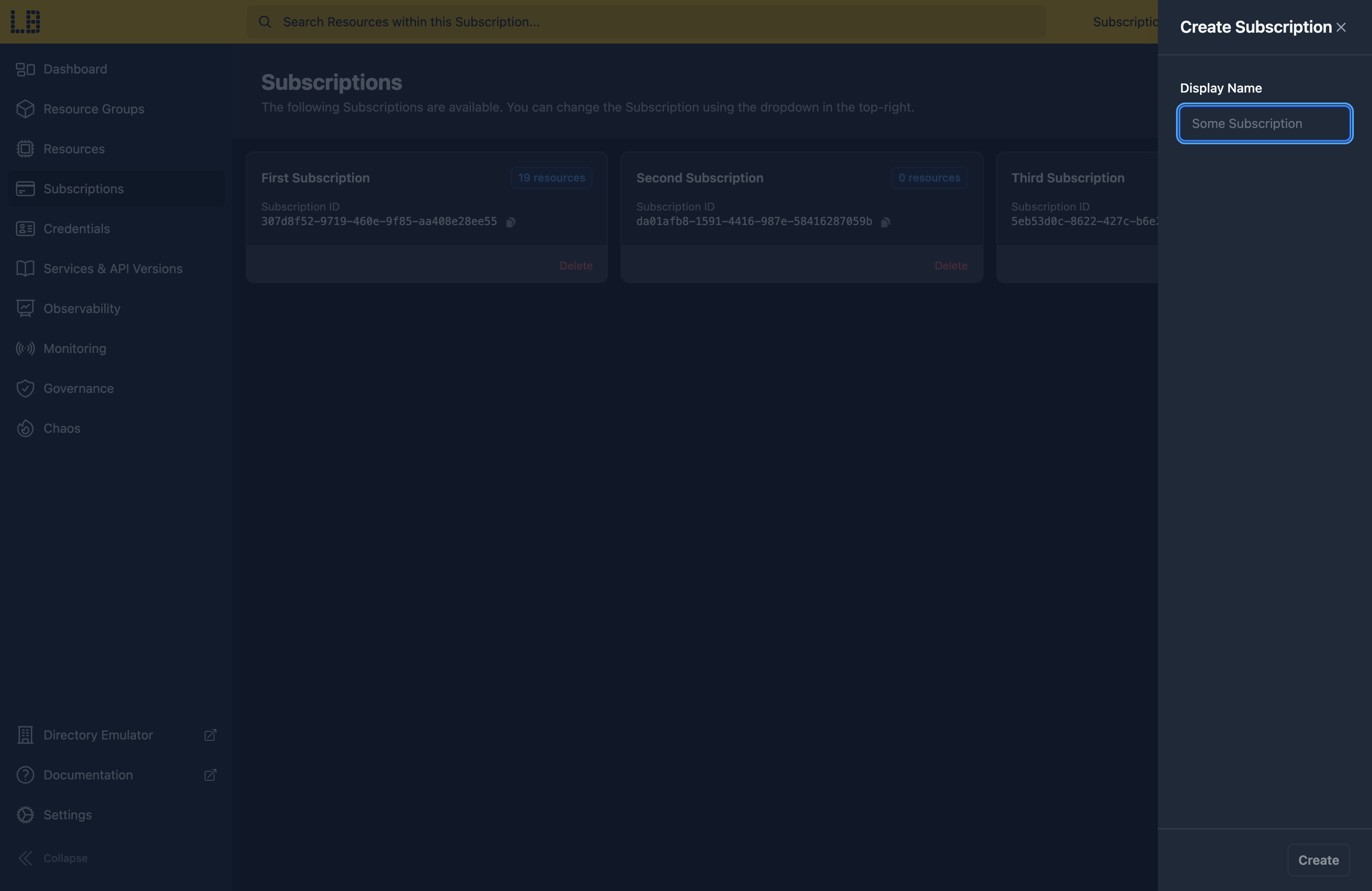 Screenshot of the Subscriptions section of the Locally Dashboard, with the Create Subscription panel open
