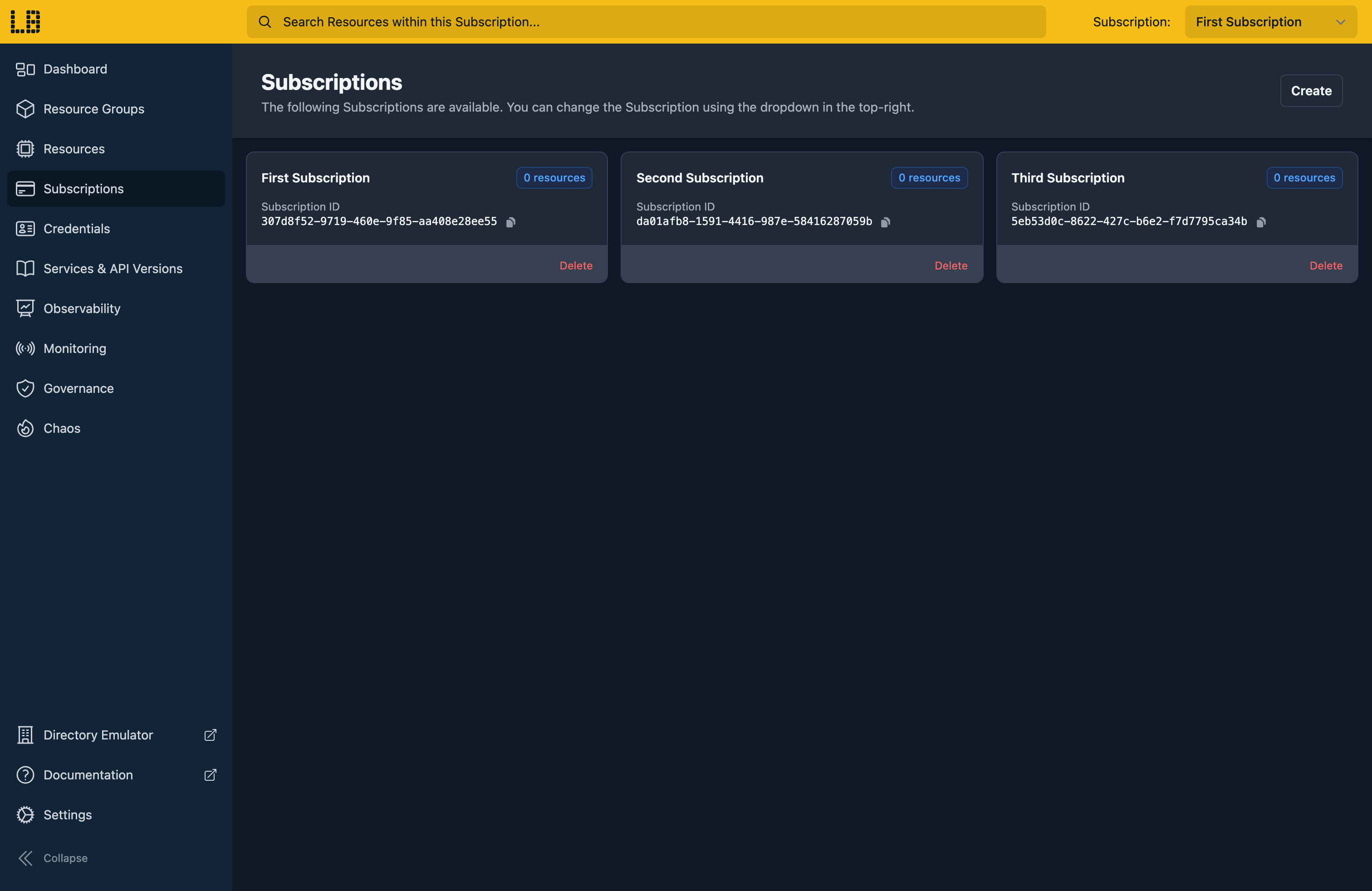 The Subscriptions page in the Locally Dashboard, listing three subscriptions