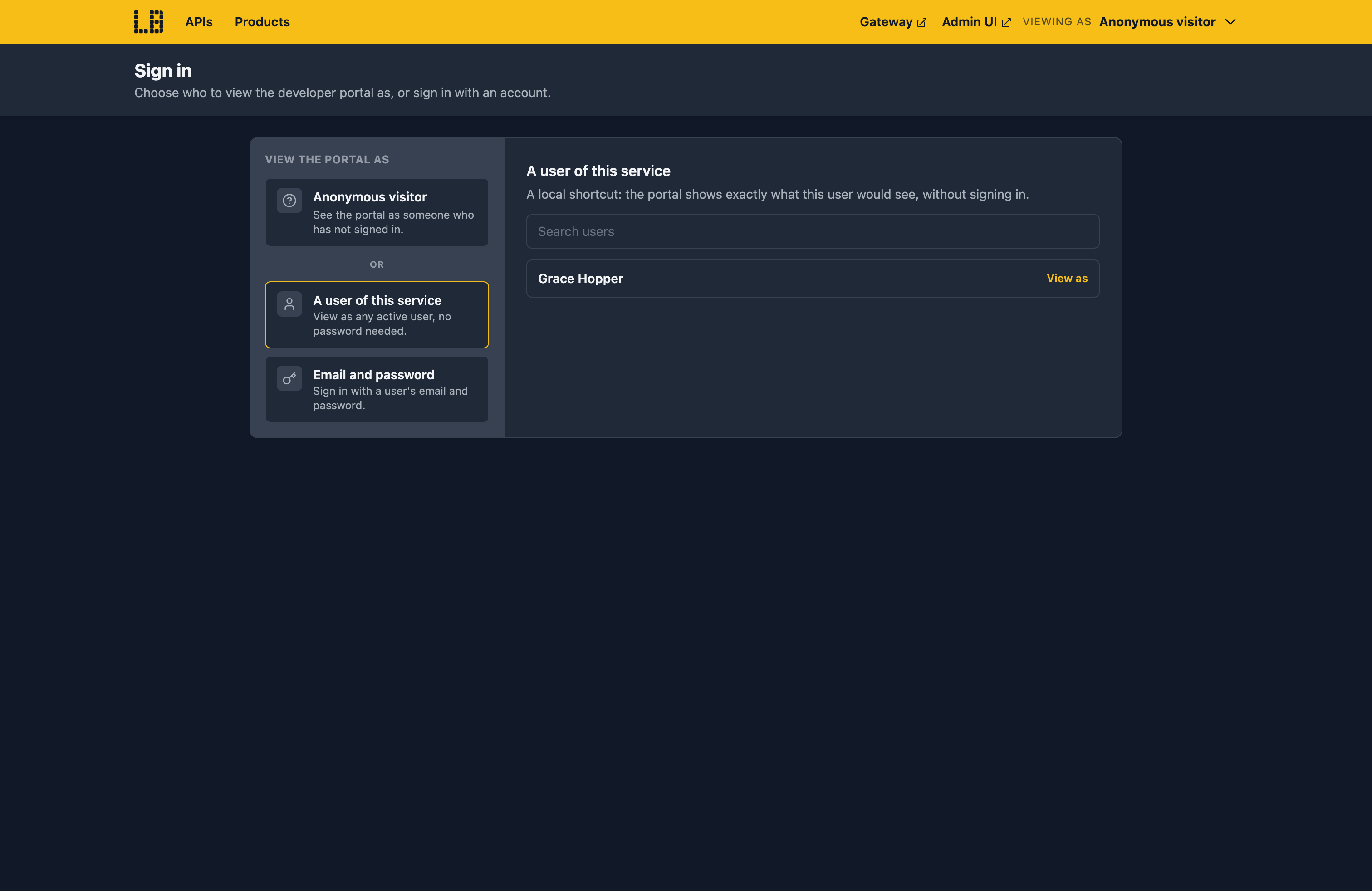 Screenshot of the developer portal's sign-in page, choosing a user of the service to view the portal as