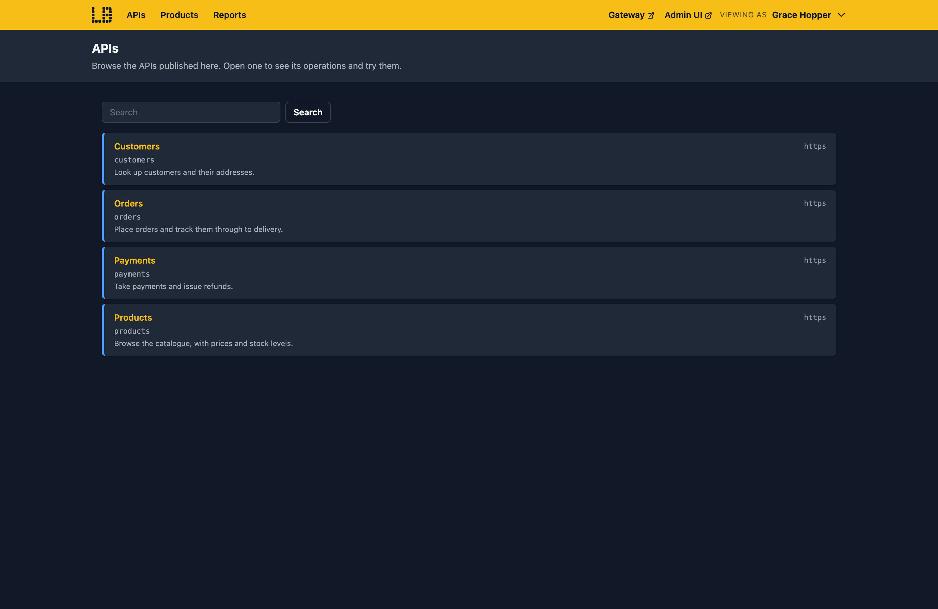 Screenshot of the developer portal's APIs page, viewed as Grace Hopper