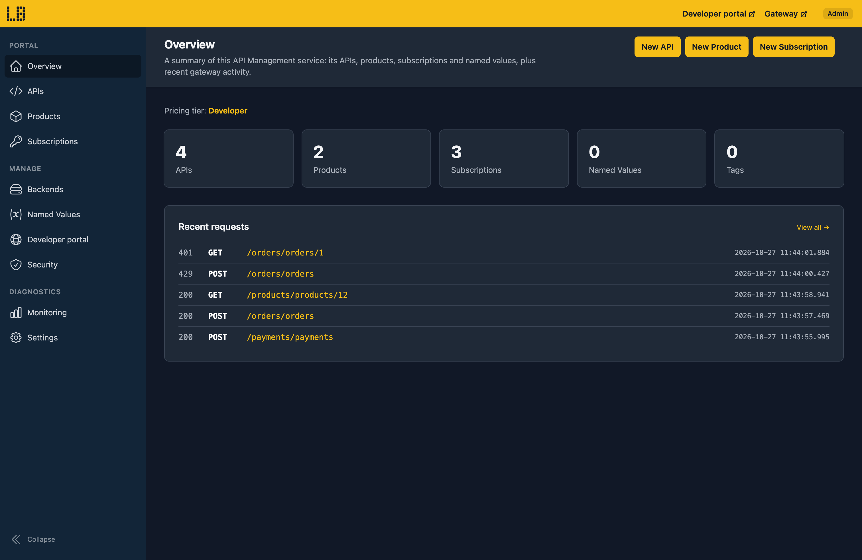 Screenshot of the API Management Emulator, showing a service's APIs, products, subscriptions and recent requests