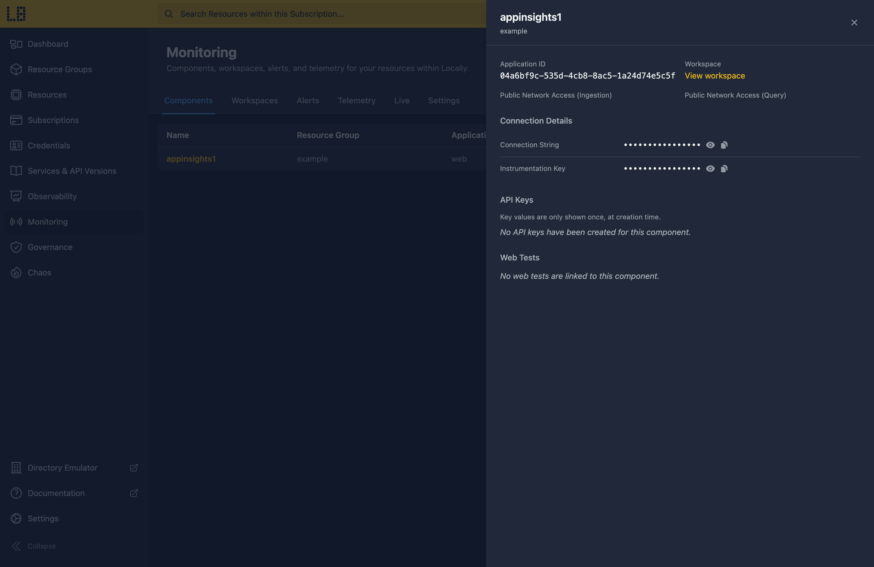 Screenshot of an Application Insights component under Monitoring in the Locally Dashboard, showing its connection string, linked workspace and API keys
