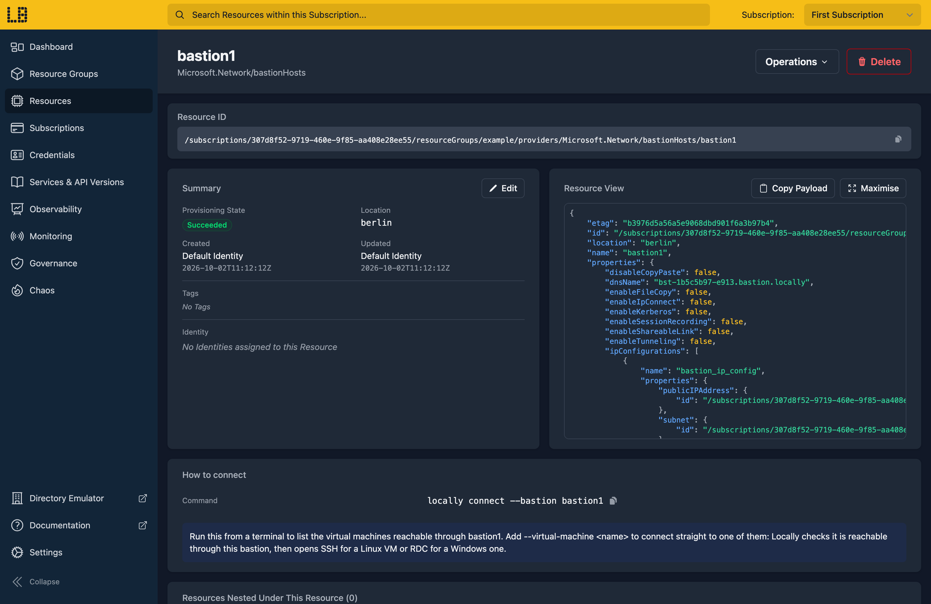 Screenshot of a Bastion Host in the Locally Dashboard, showing the How to connect section with the locally connect command