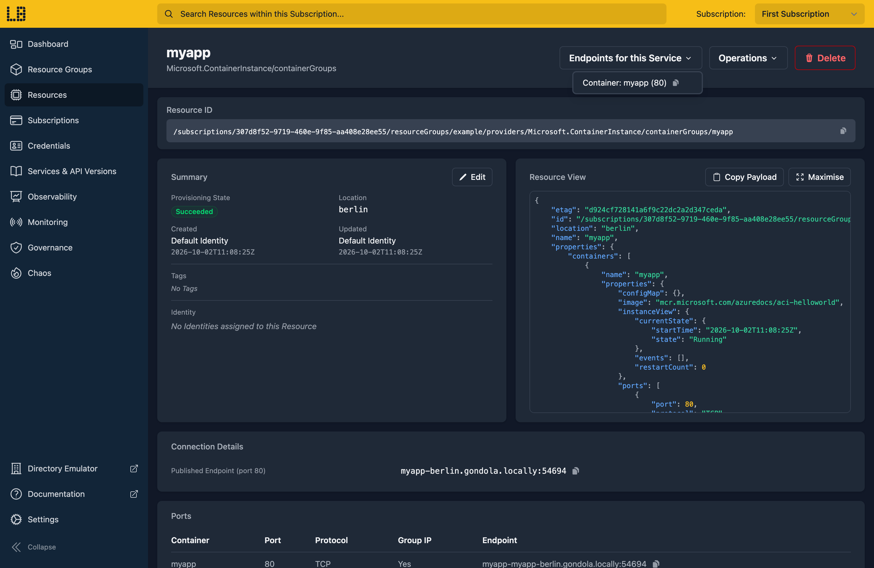 Screenshot of a Container Group in the Locally Dashboard, with the Endpoints for this Service dropdown open