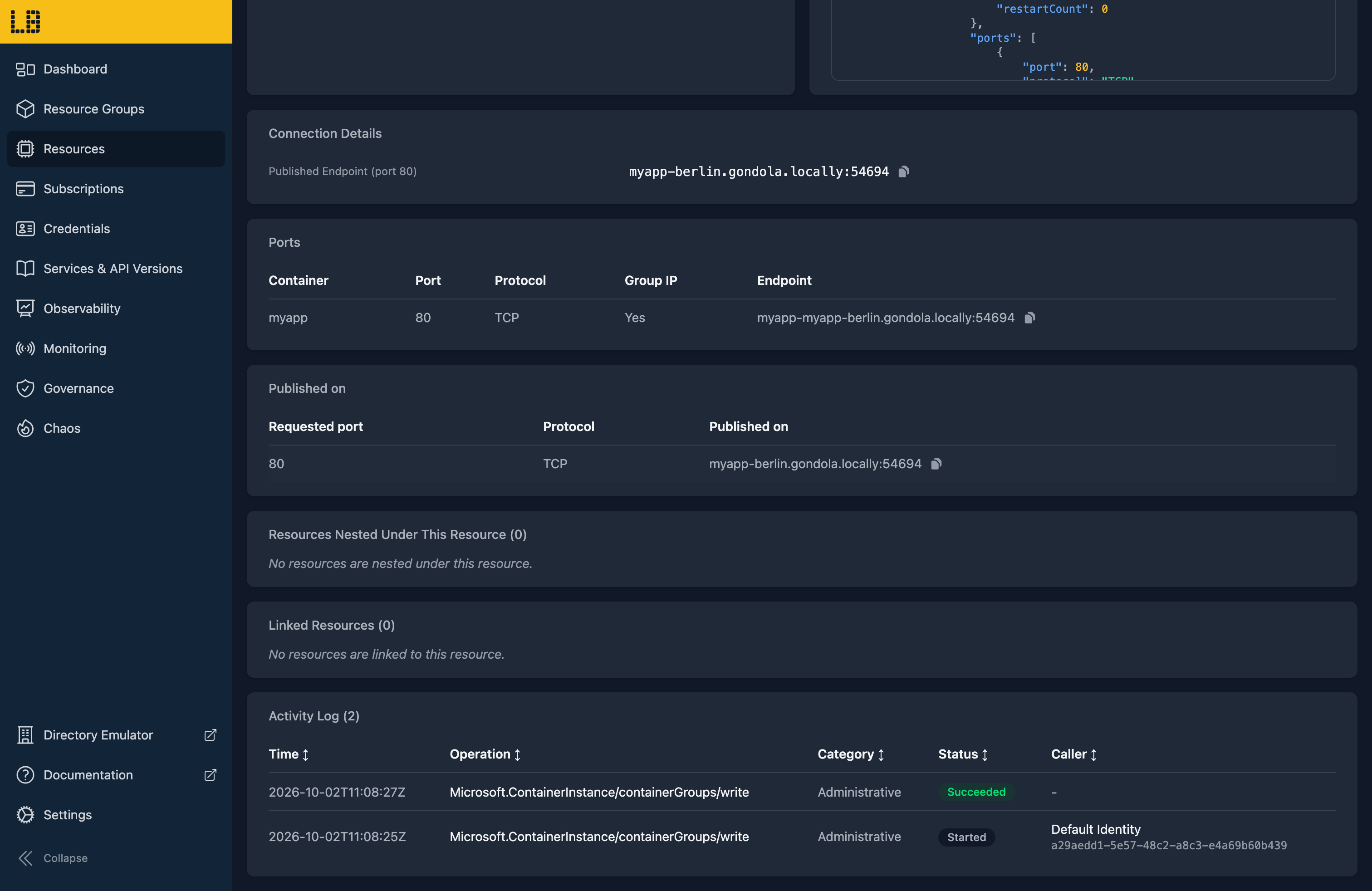 Screenshot of a Container Group in the Locally Dashboard, showing its Ports and the port each one was published on