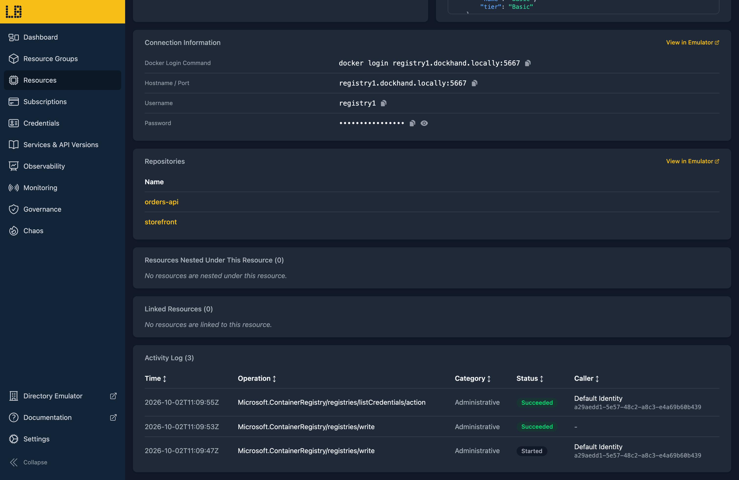 Screenshot of a Container Registry in the Locally Dashboard, showing its connection information and repositories