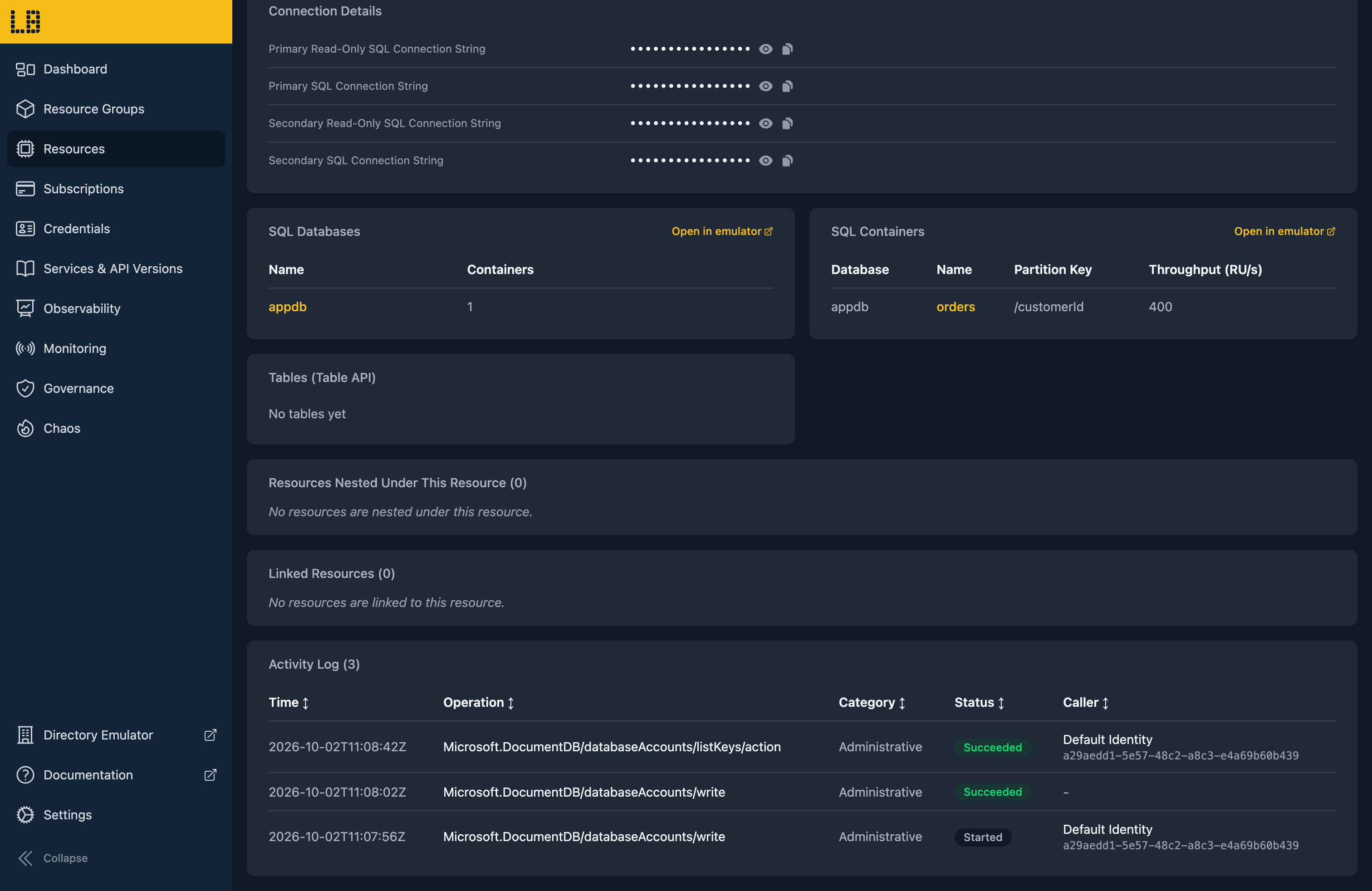 Screenshot of a Cosmos DB account in the Locally Dashboard, showing its SQL databases, its containers with their partition keys and throughput, and its Table API tables