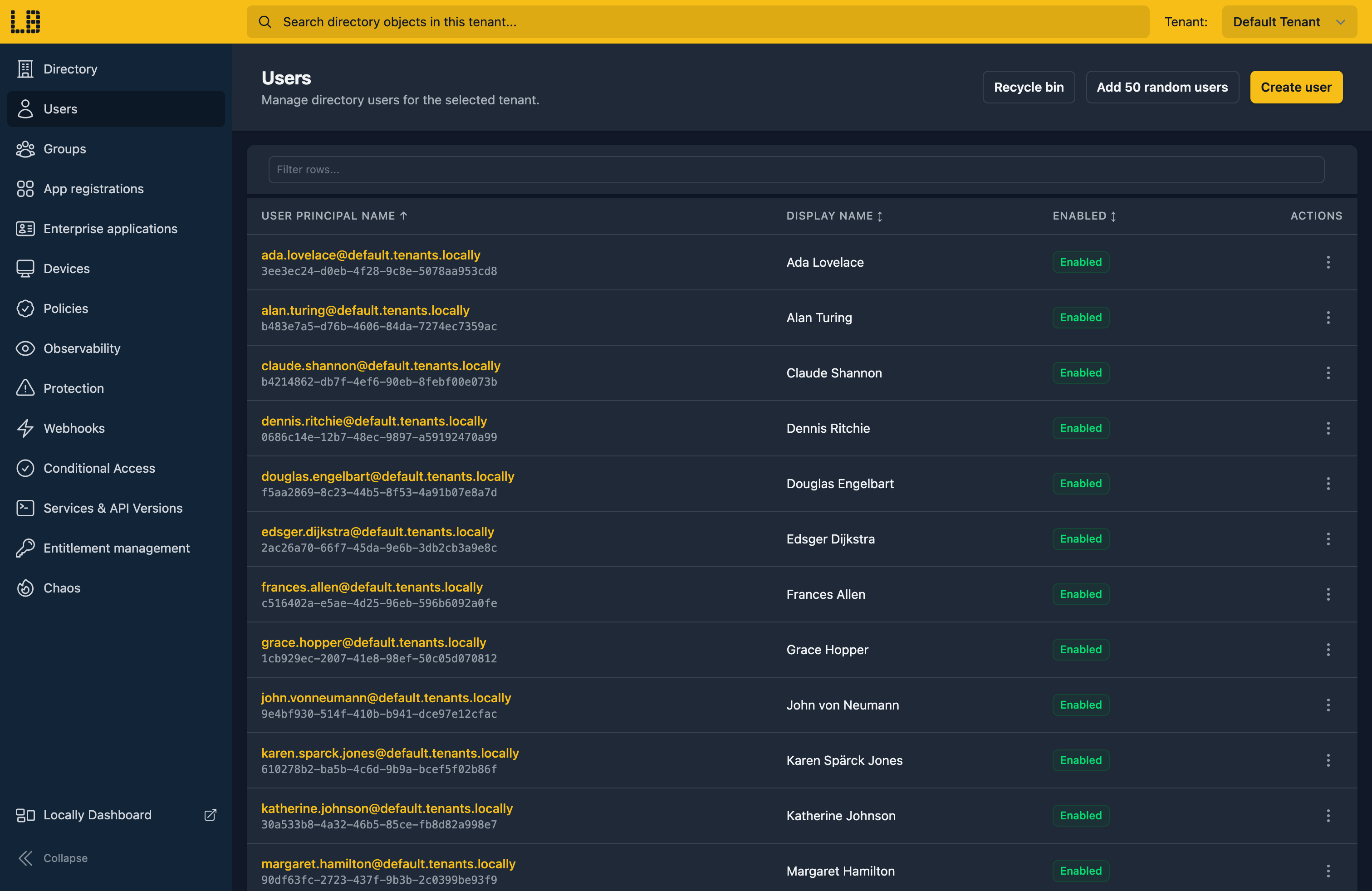 Screenshot of managing Users in the Directory (Entra) Emulator built into Locally