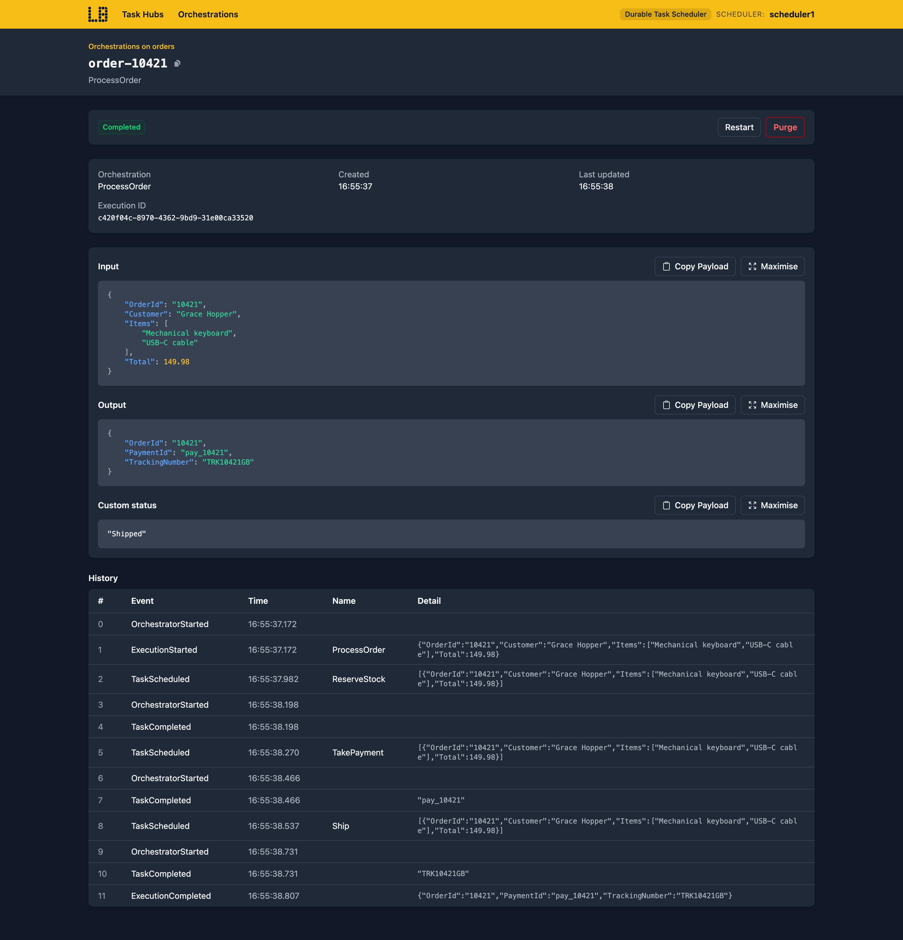Screenshot of a completed orchestration in the Durable Task Scheduler Emulator, showing its input, output, custom status and history
