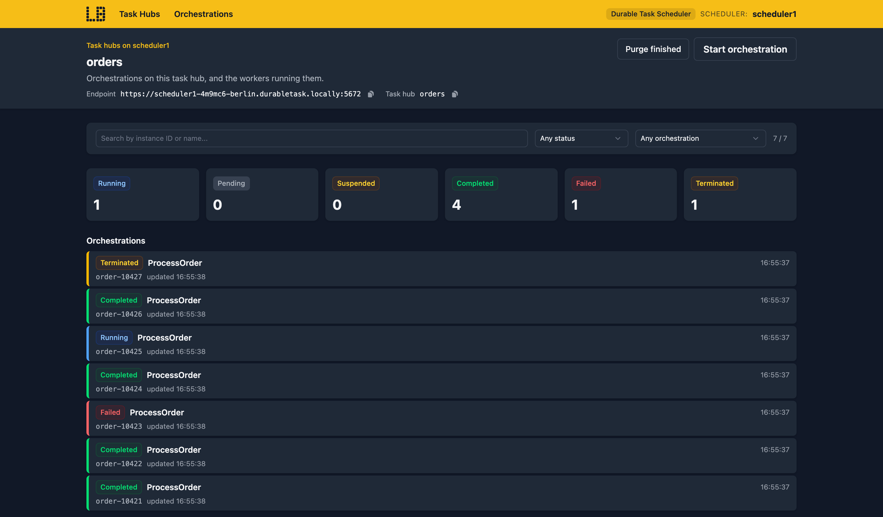 Screenshot of a task hub dashboard in the Durable Task Scheduler Emulator, showing its orchestrations by status