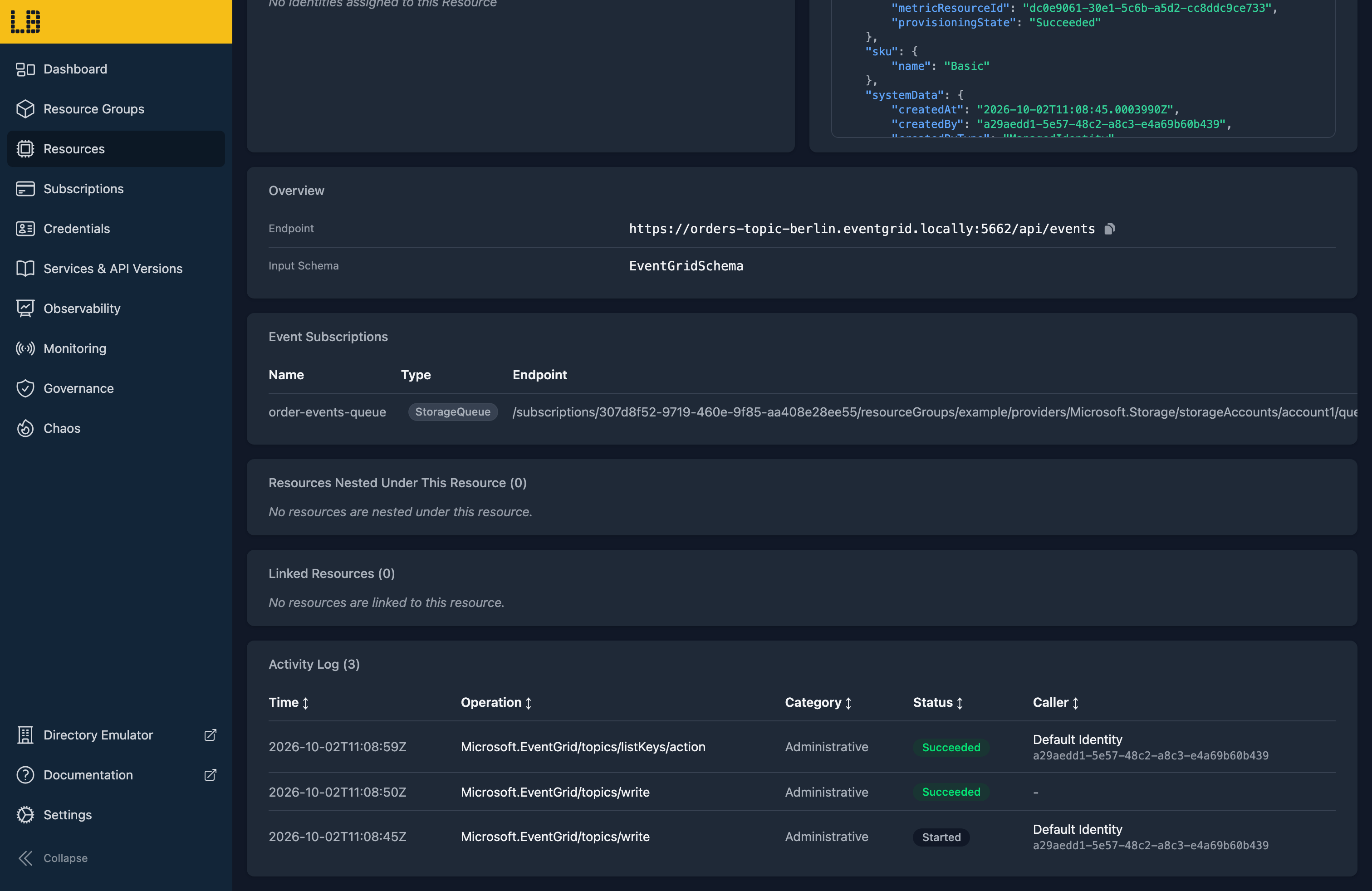Screenshot of an Event Grid topic in the Locally Dashboard, showing its endpoint and input schema, and an event subscription delivering to a Storage Queue