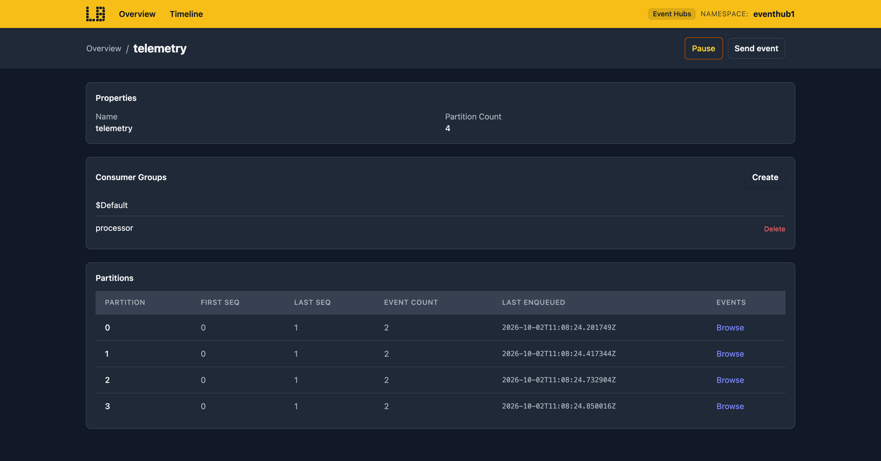 Screenshot of the Event Hubs Emulator