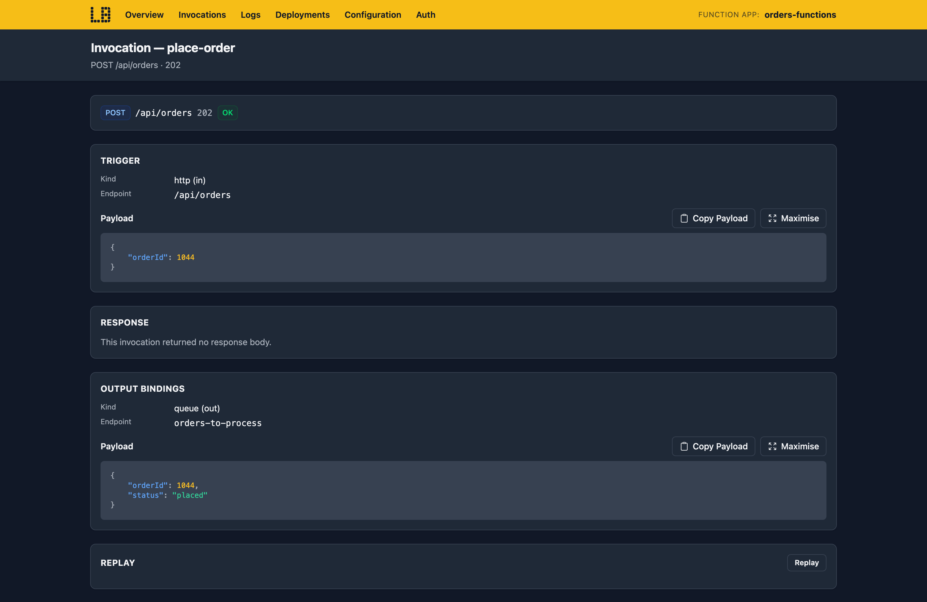 Screenshot of a single invocation in the Function App Emulator, showing the HTTP response body, the queue output binding's payload and the Replay button