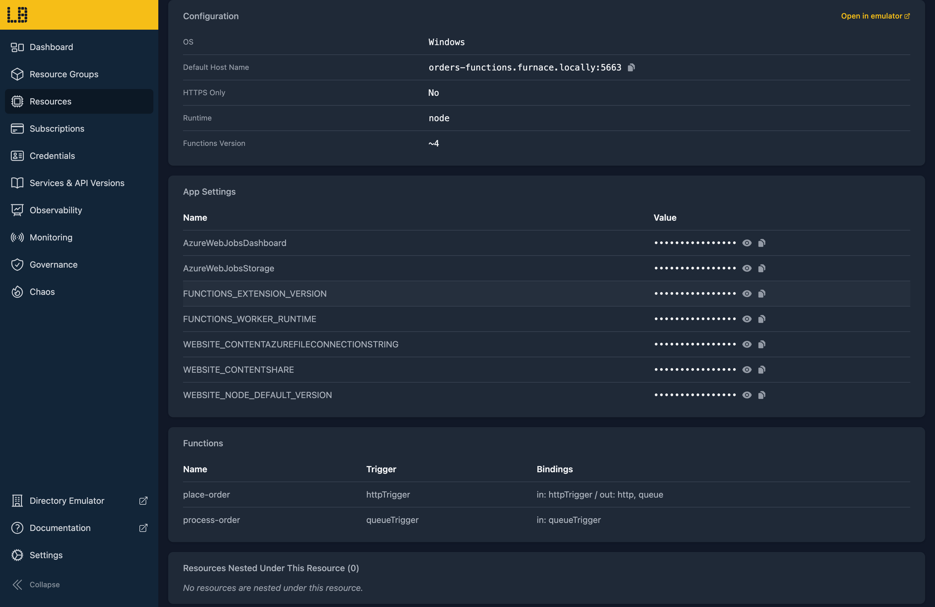 Screenshot of a Function App in the Locally Dashboard, showing its configuration, app settings and the functions loaded from the last deployment with their triggers and bindings