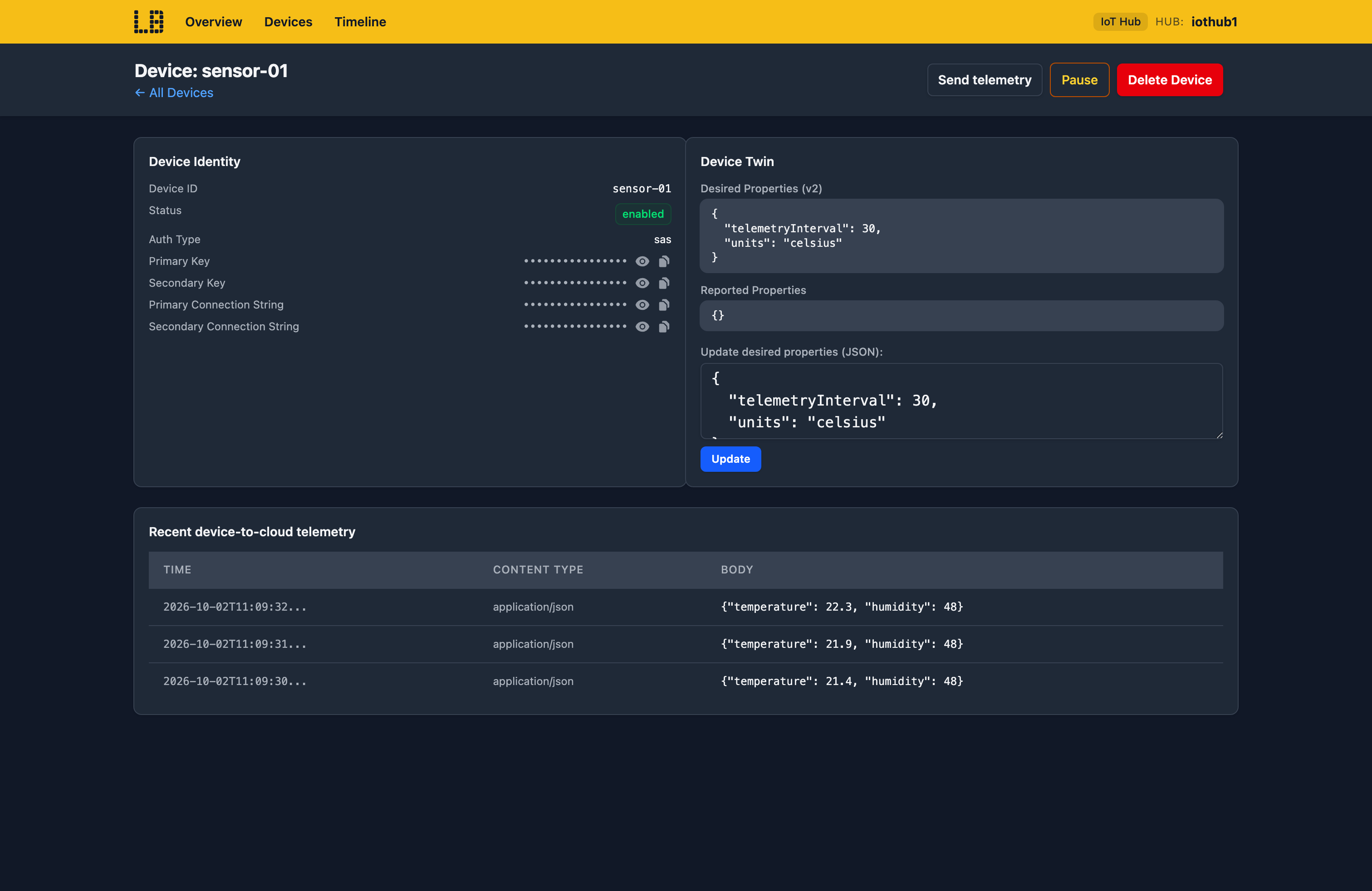 Screenshot of a device in the IoT Hub Emulator, showing its keys and connection strings, its twin's desired and reported properties and its recent telemetry