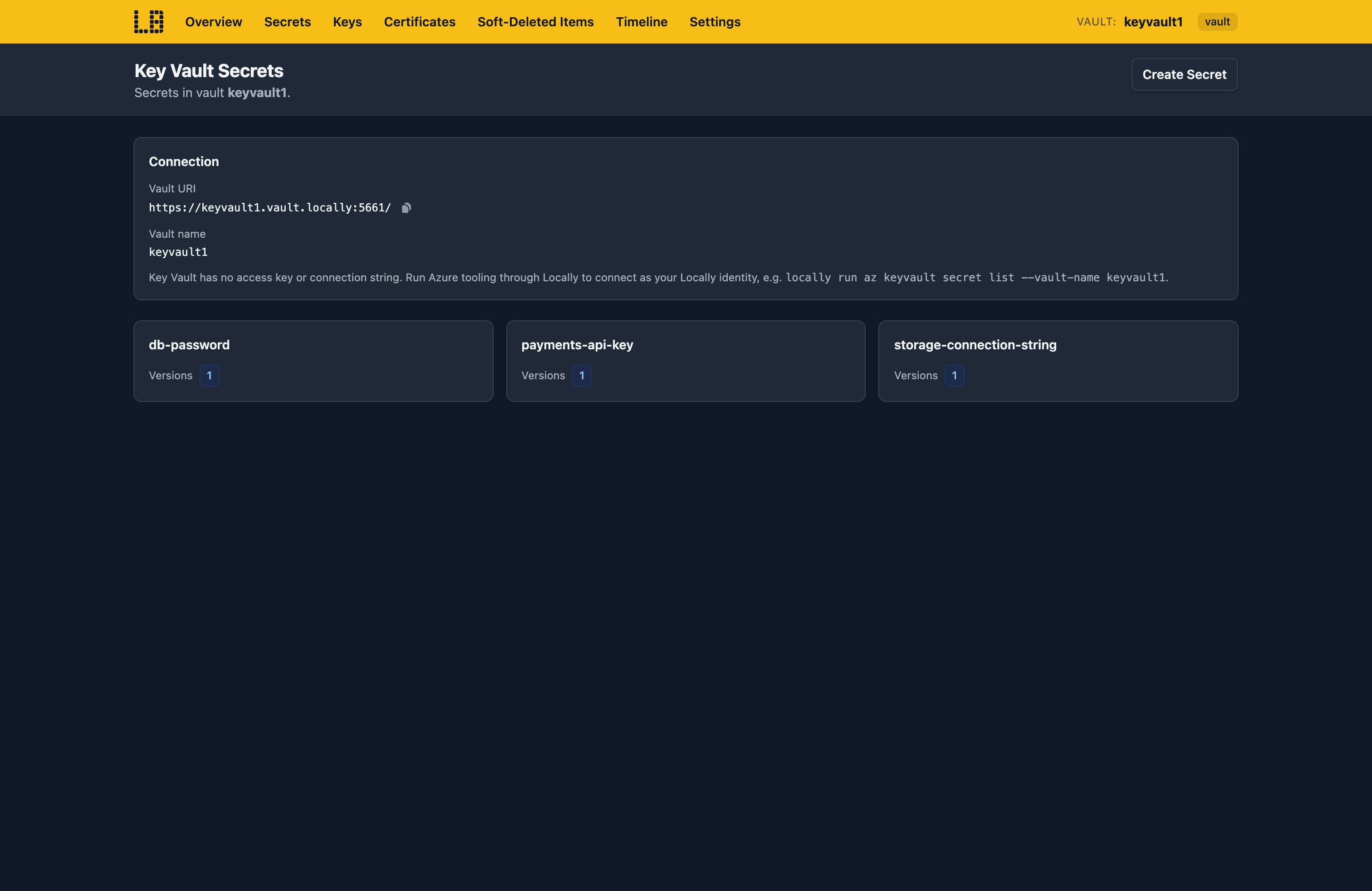 Screenshot of the Key Vault Emulator