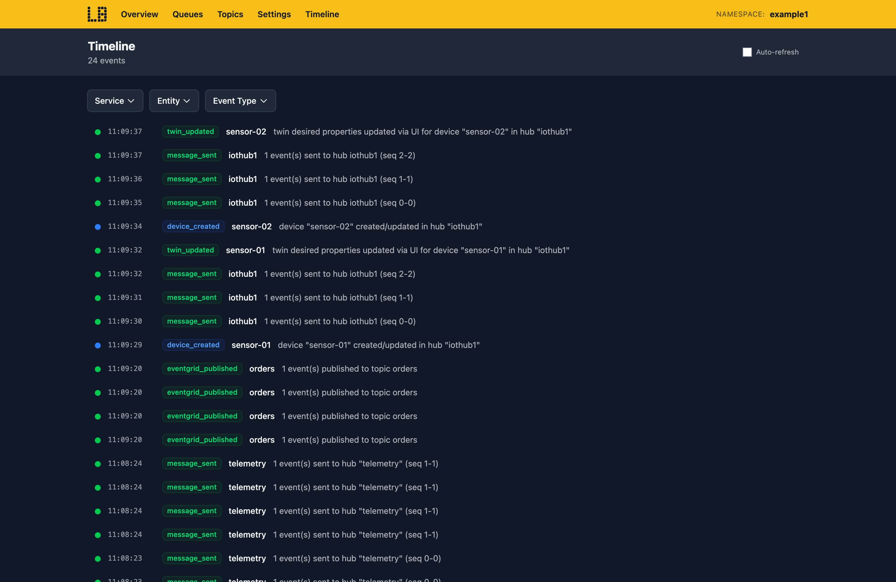 Screenshot of a Service Bus namespace's Timeline in Locally, showing messages sent, received, completed and abandoned on a queue and a topic