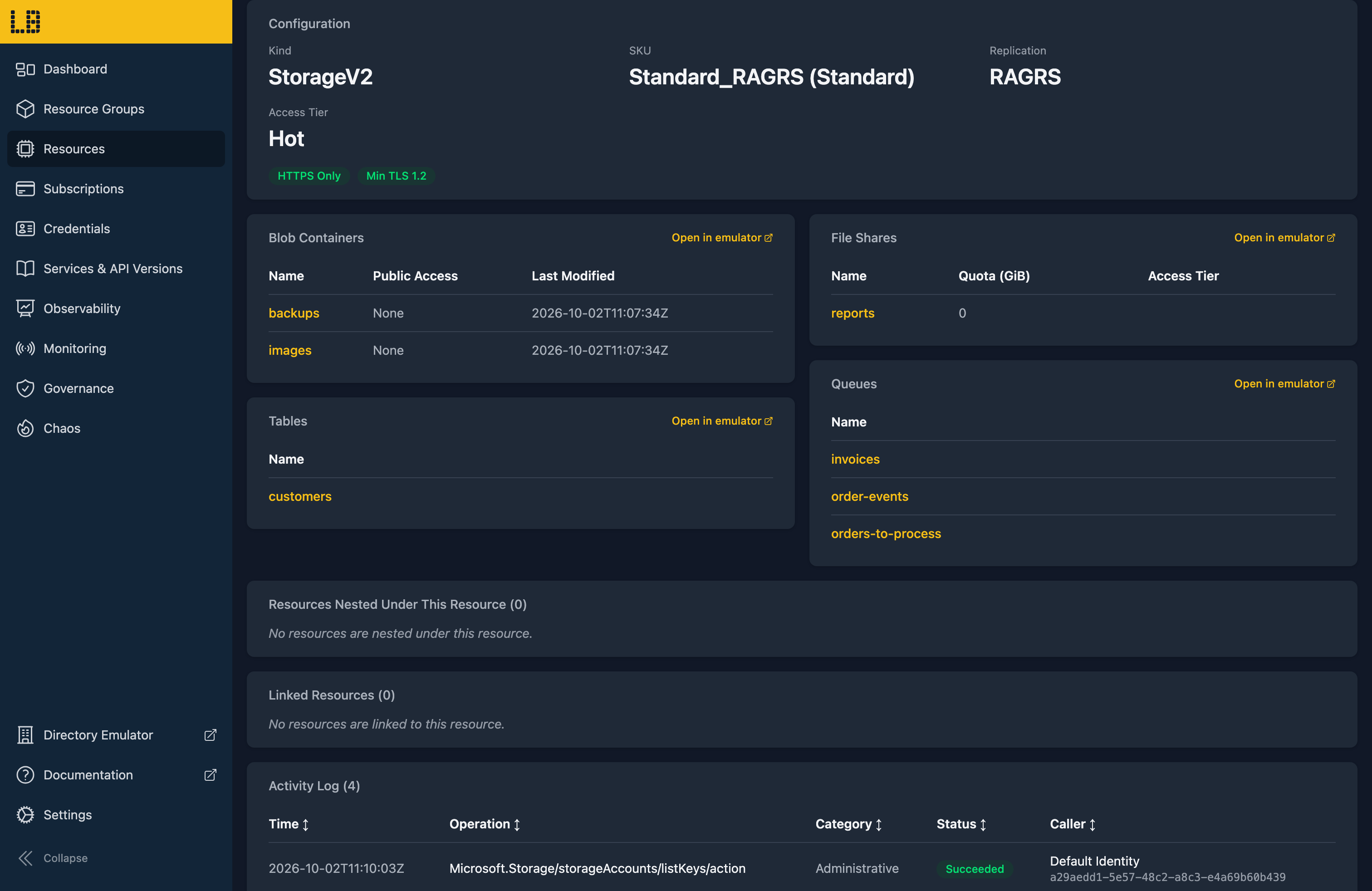 Screenshot of a Storage Account in the Locally Dashboard, showing its configuration, and its blob containers, file shares, queues and tables