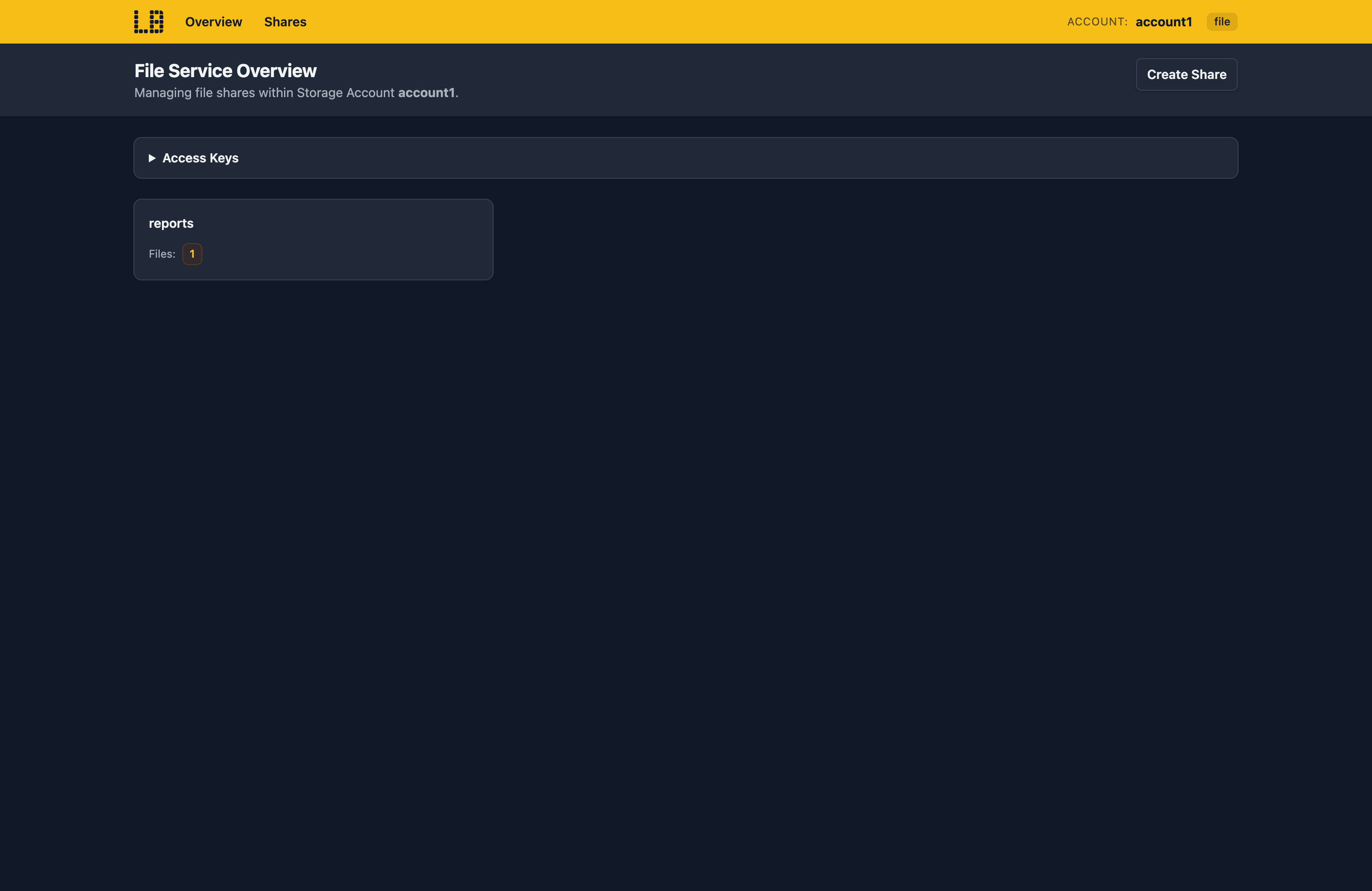 Screenshot of the File service in Locally's Storage Emulator, showing the file shares in a Storage Account