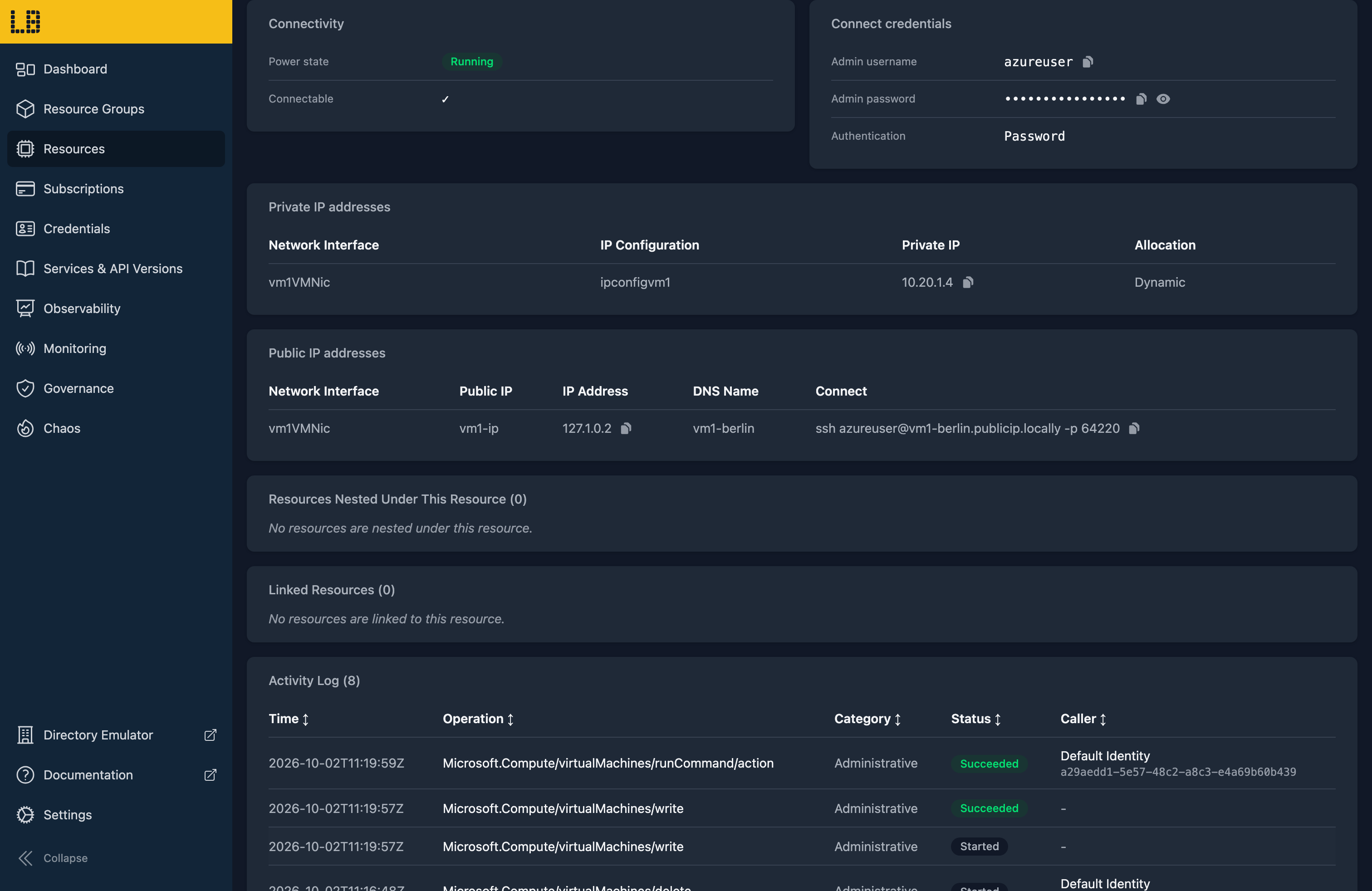 Screenshot of a Virtual Machine in the Locally Dashboard, showing its connectivity, credentials and the command to connect over its public IP