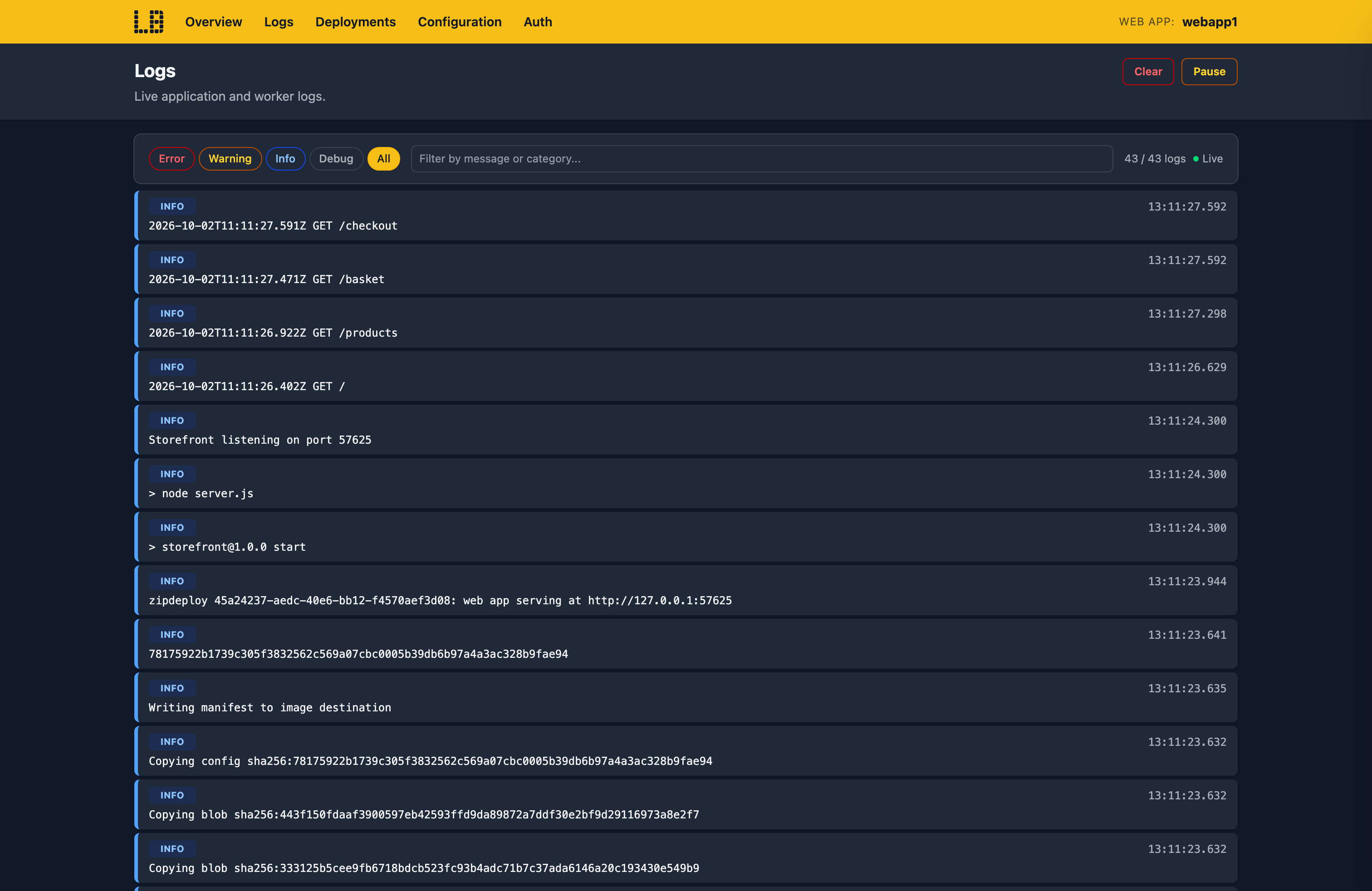 Screenshot of the Logs page in the Web App Emulator, streaming the app's console output
