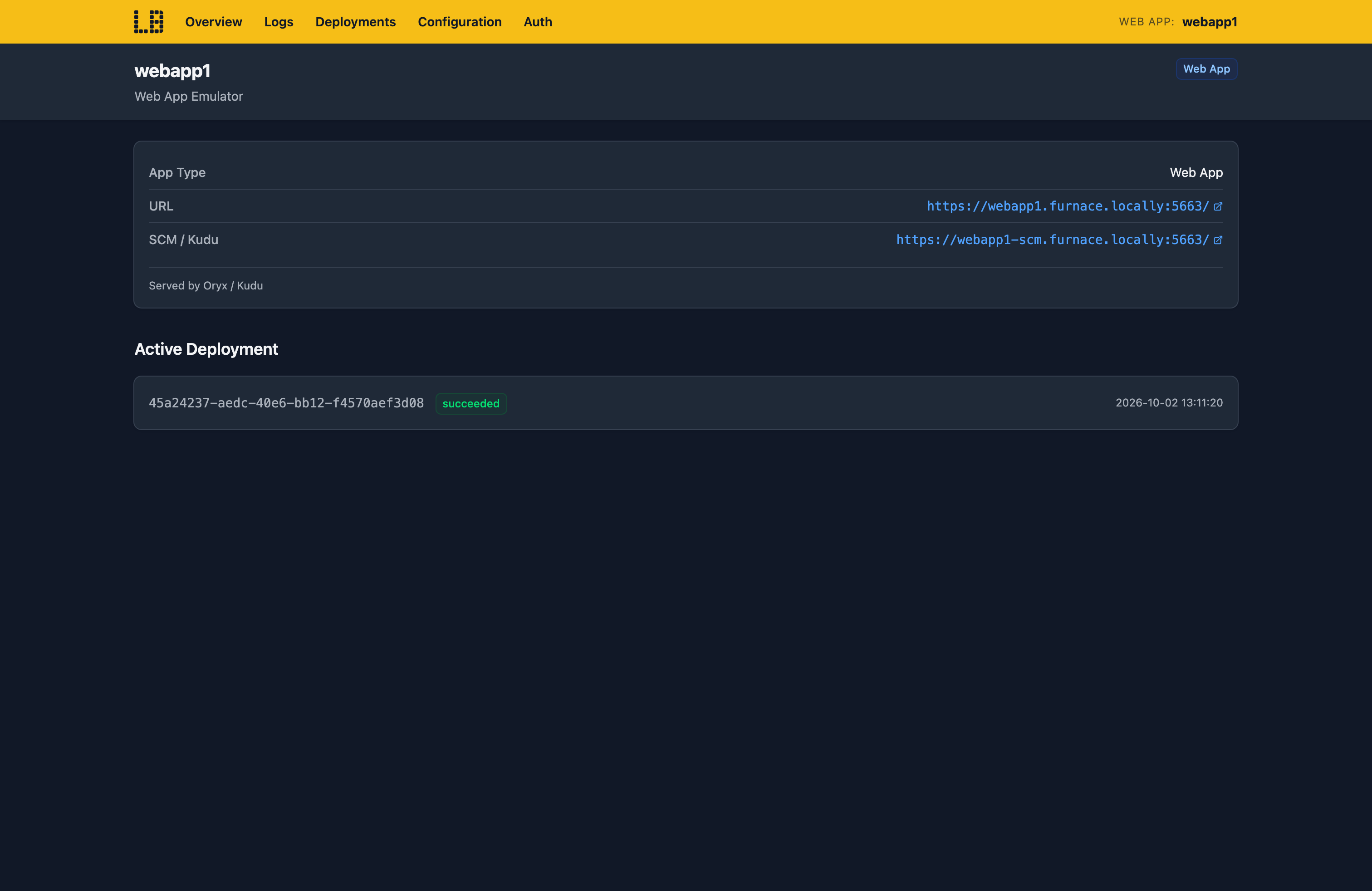 Screenshot of the Web App Emulator built into Locally, showing the app's URL, its Kudu site and the active deployment