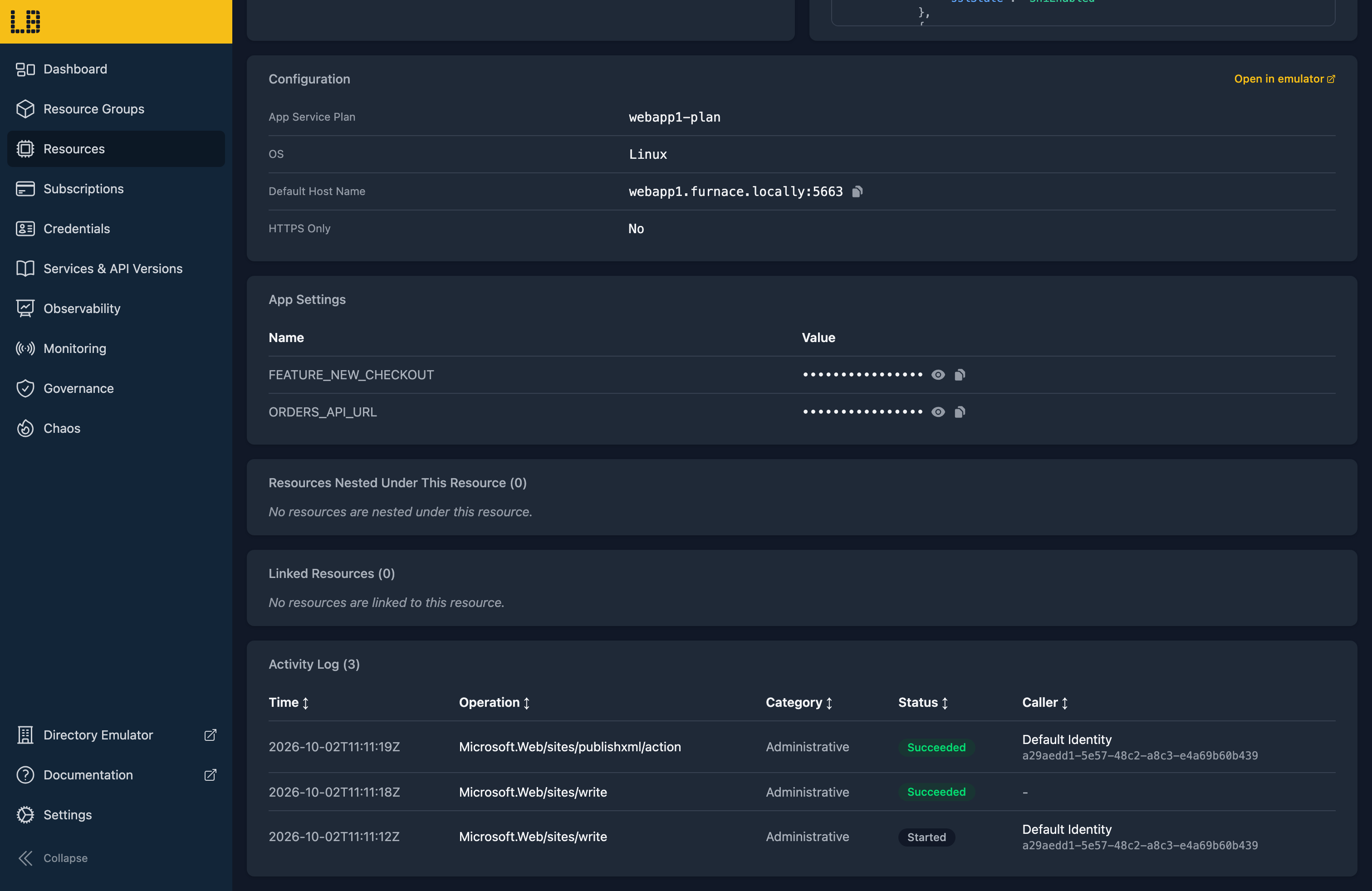 Screenshot of a Web App in the Locally Dashboard, showing its App Service Plan, OS, host name and managed identity, the Open in emulator link and its app settings