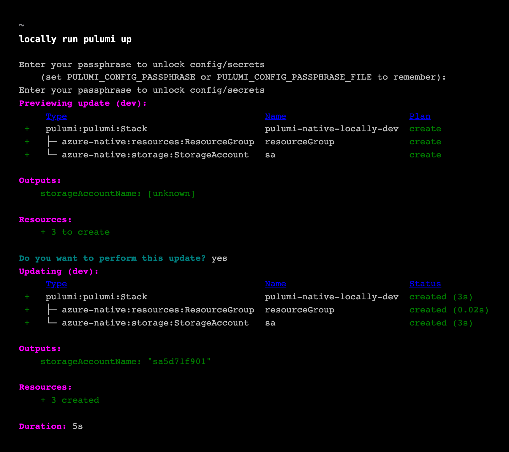 Screenshot of the completed Pulumi Up flow for the Azure Native provider