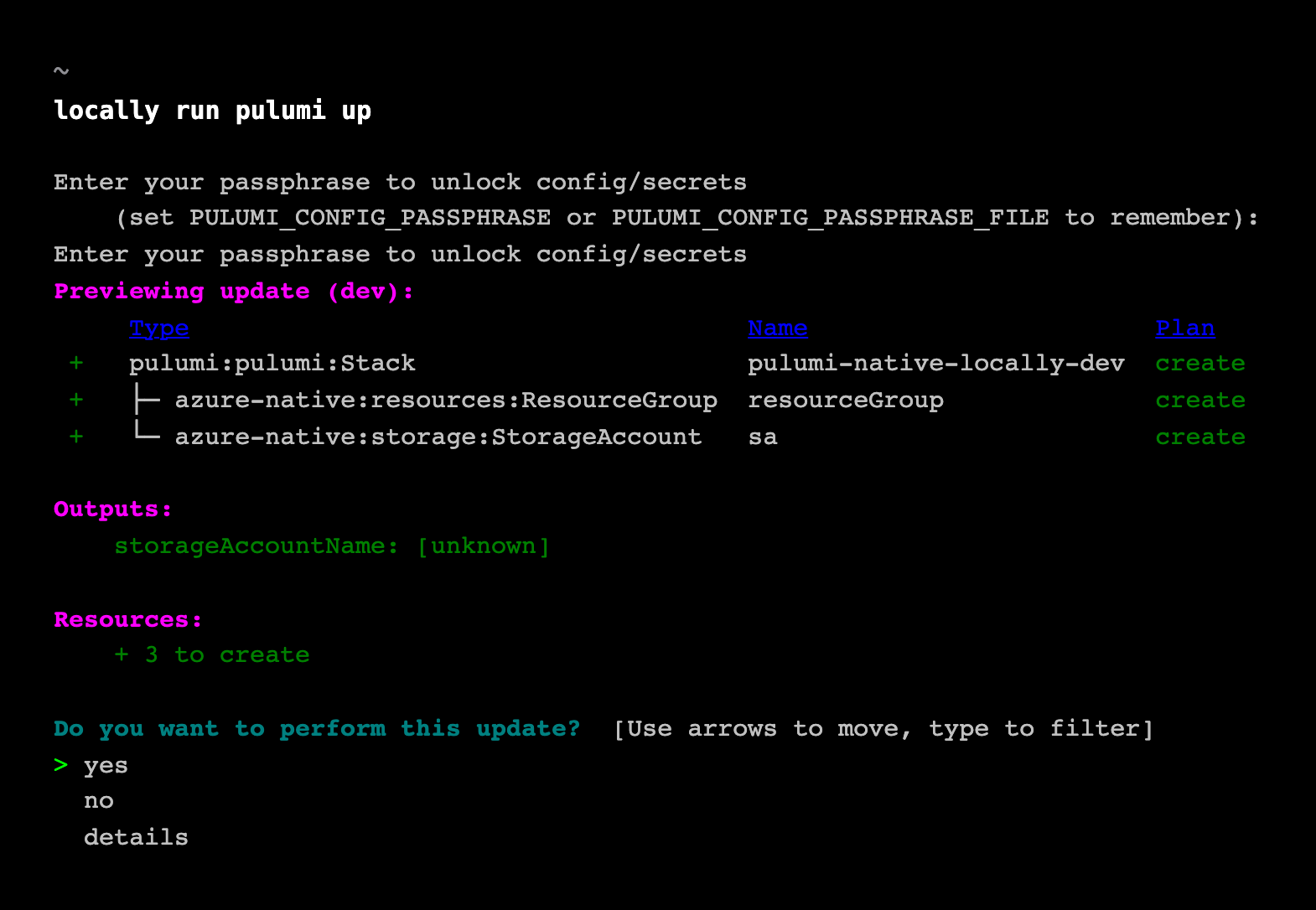 Screenshot of the Pulumi Up preview for the Azure Native provider