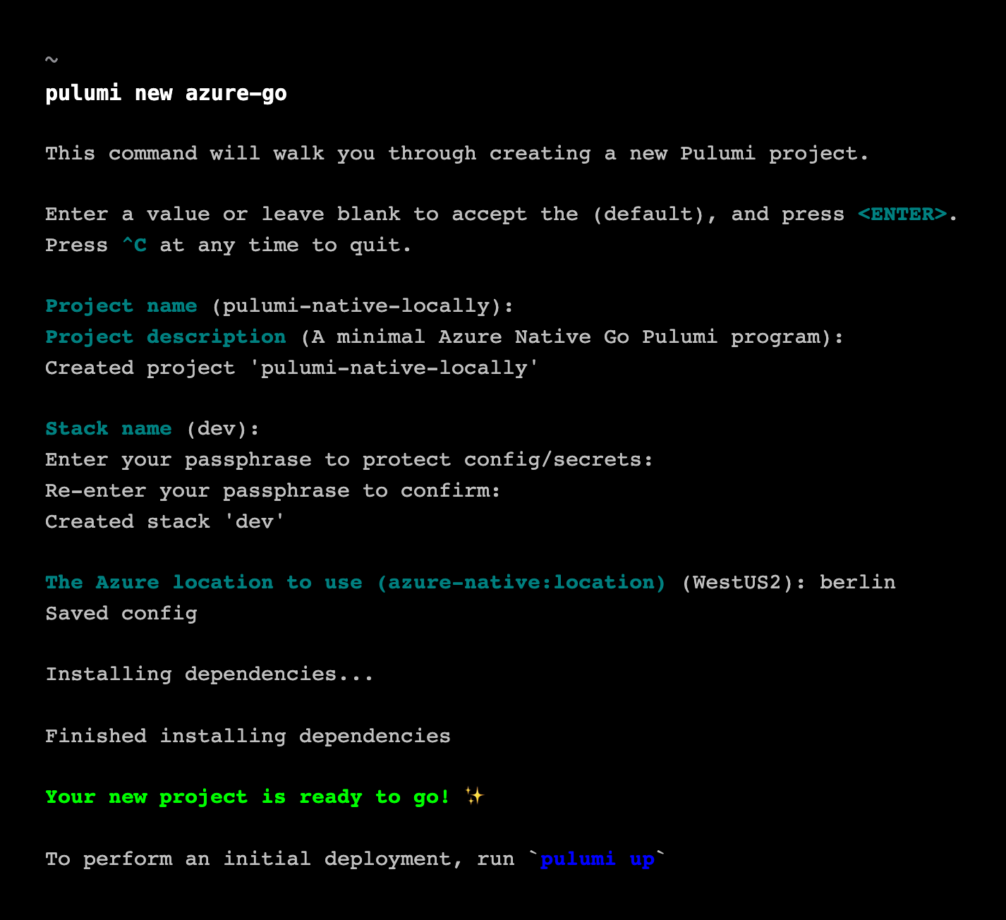 Screenshot of the Pulumi New flow for the Azure Native provider